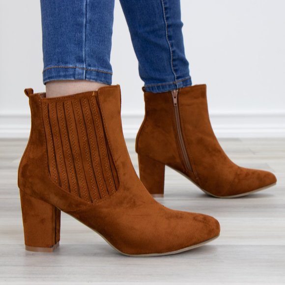Shoes - Vegan Suede Tan Bock Heel Ankle Bootie